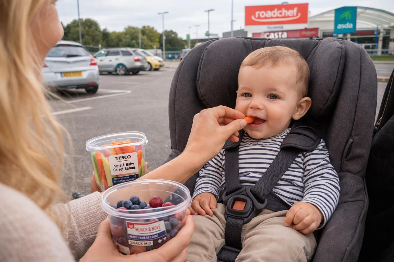 A UK parent feeding baby snacks in a British service station car park with UK-branded snack containers visible