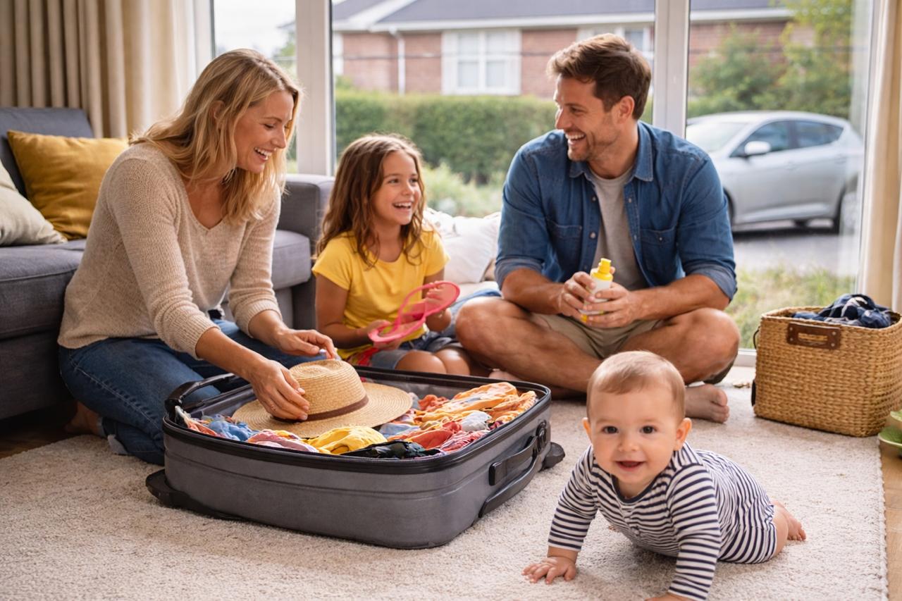 UK family in a British-style home packing a suitcase for a holiday, featuring a right-hand drive car visible through the window