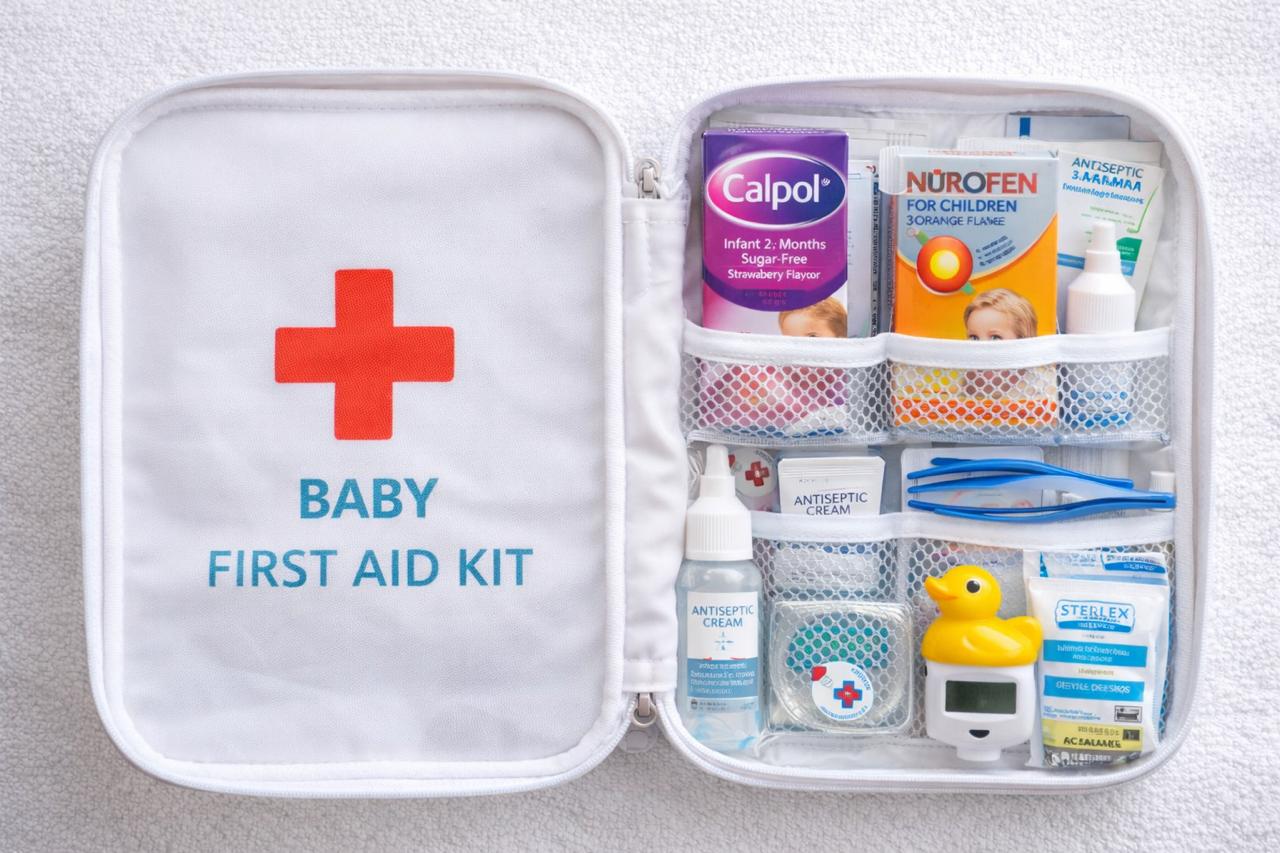 A well-organised baby travel first aid kit with UK-specific products like Calpol visible