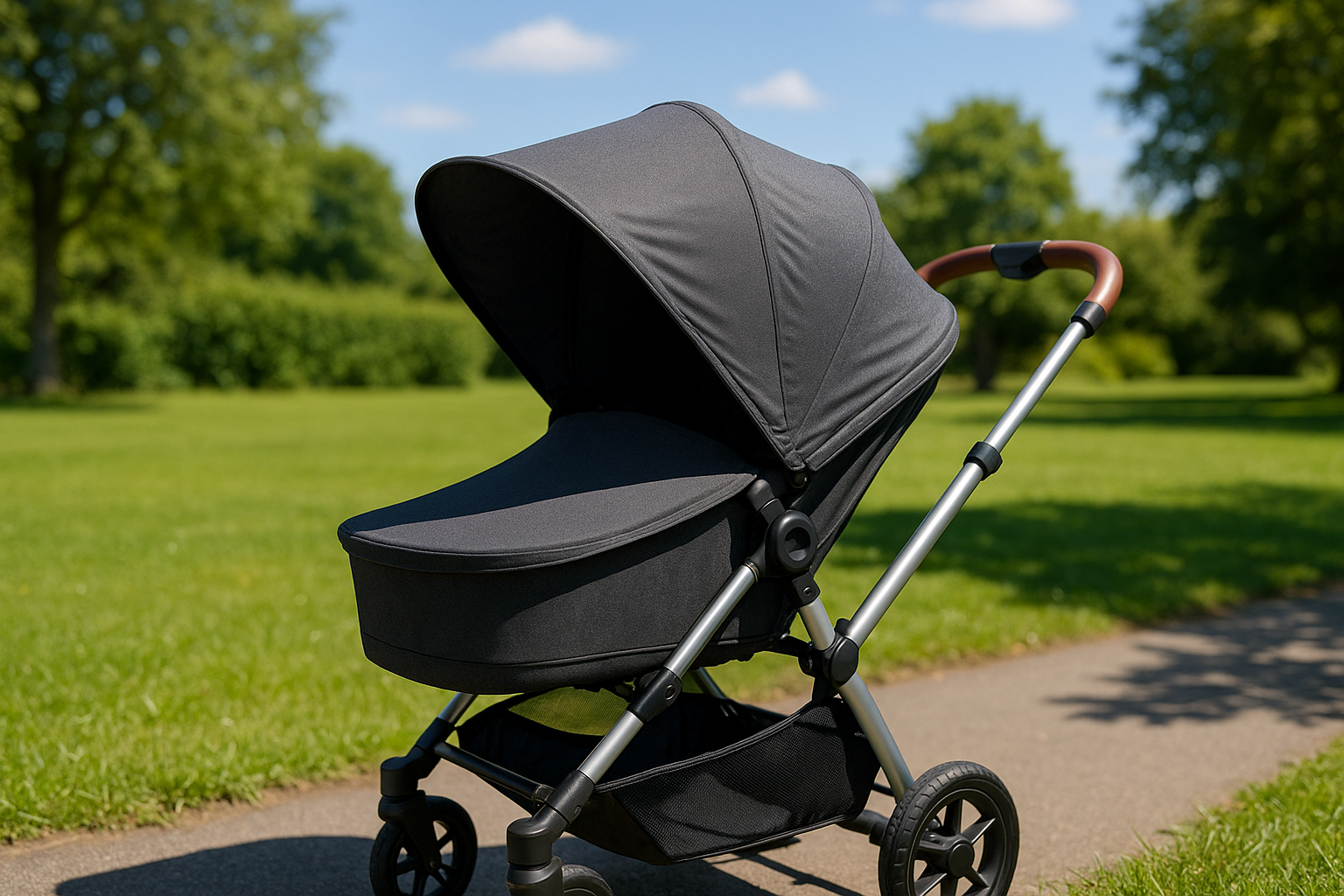 Pram with sun shade cover on sunny day