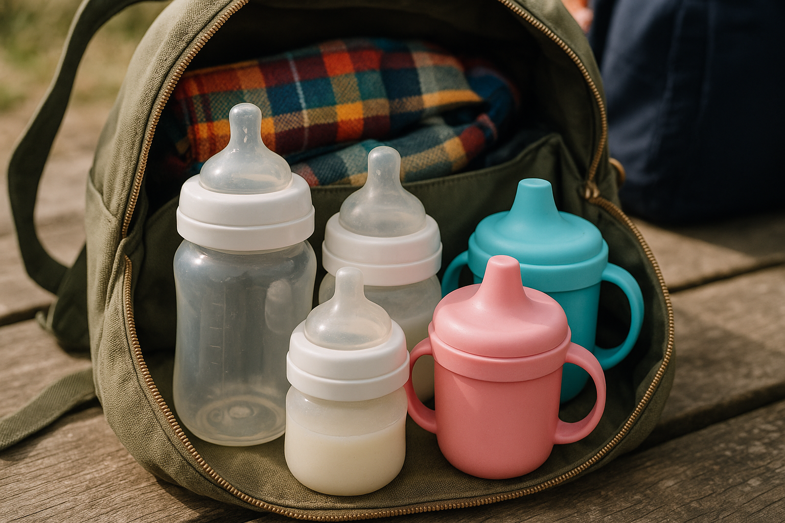 Travel-ready baby bottles and spill-resistant cups arranged in a nappy bag setup