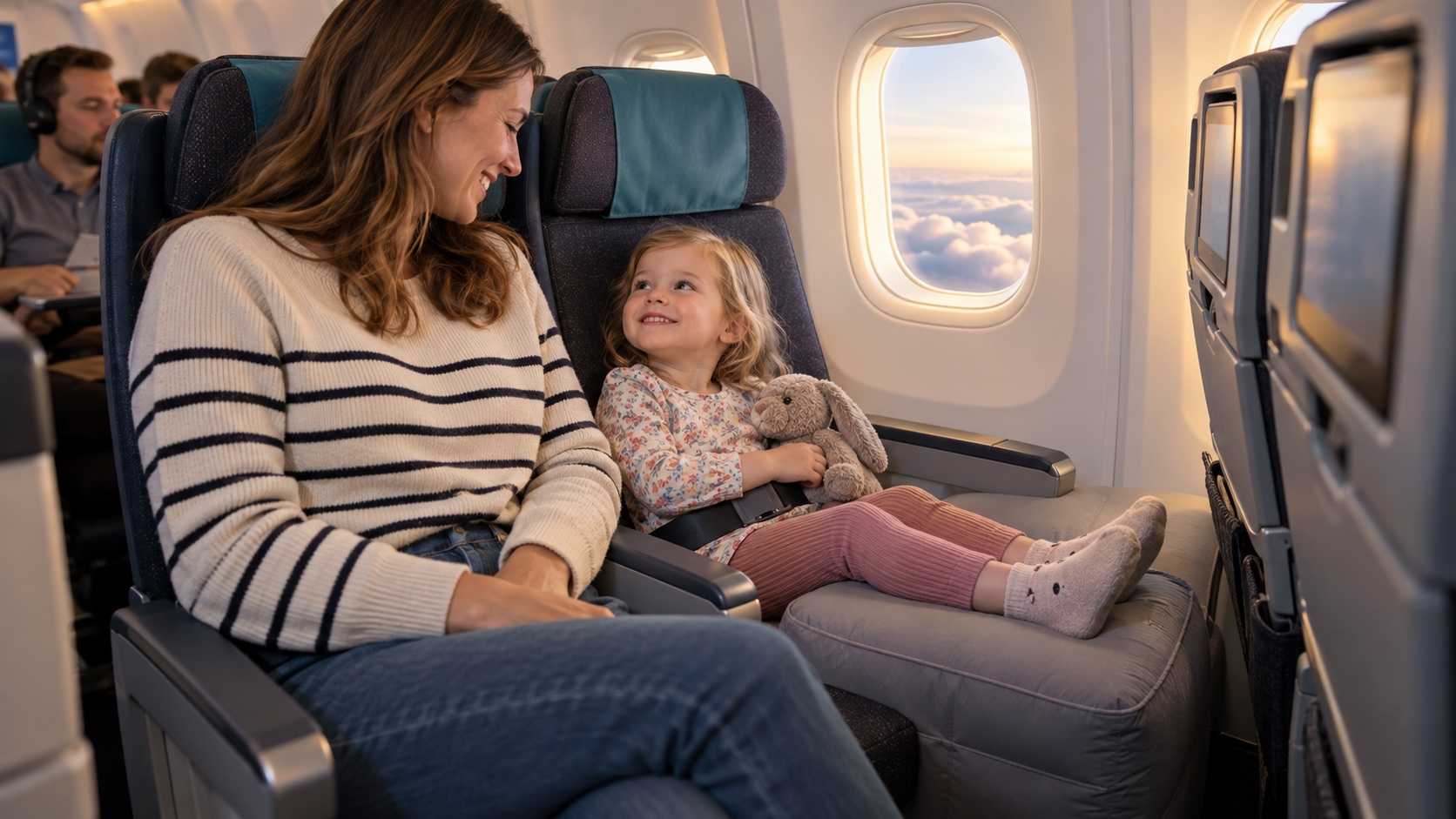 Toddler using a window-seat leg support during the cruise part of a long-haul flight
