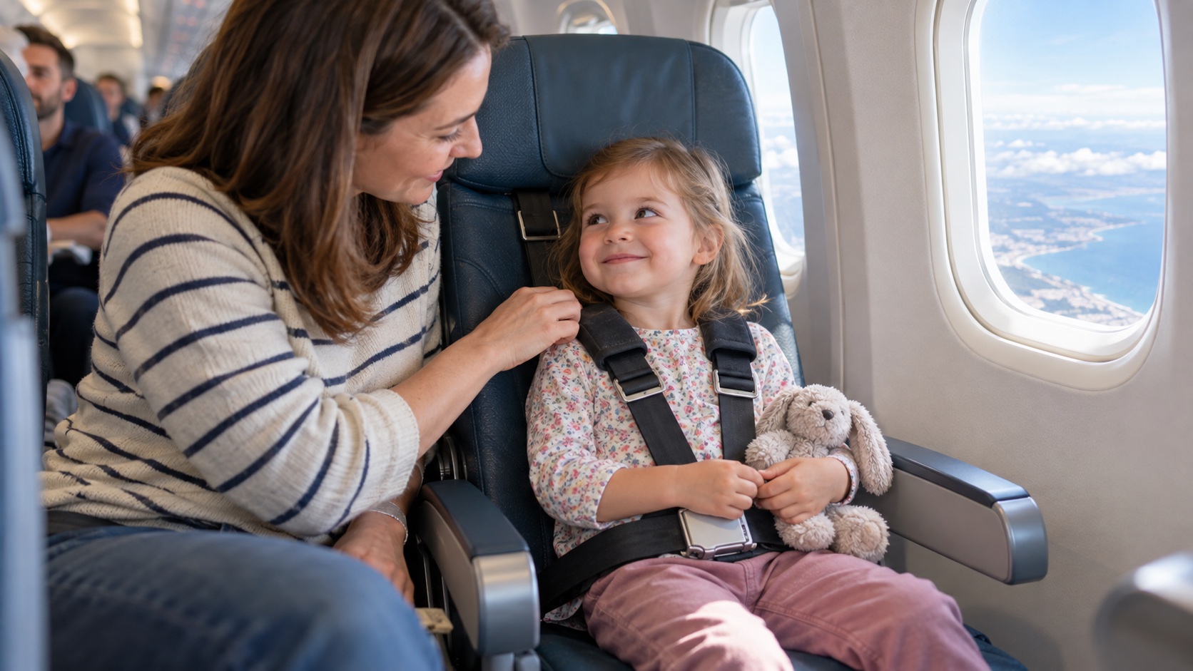 Parent checking a child aviation restraint on a toddler in an aircraft window seat