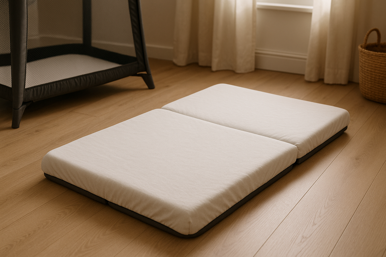 Foldable travel cot mattress with fitted sheet setup in a compact nursery corner