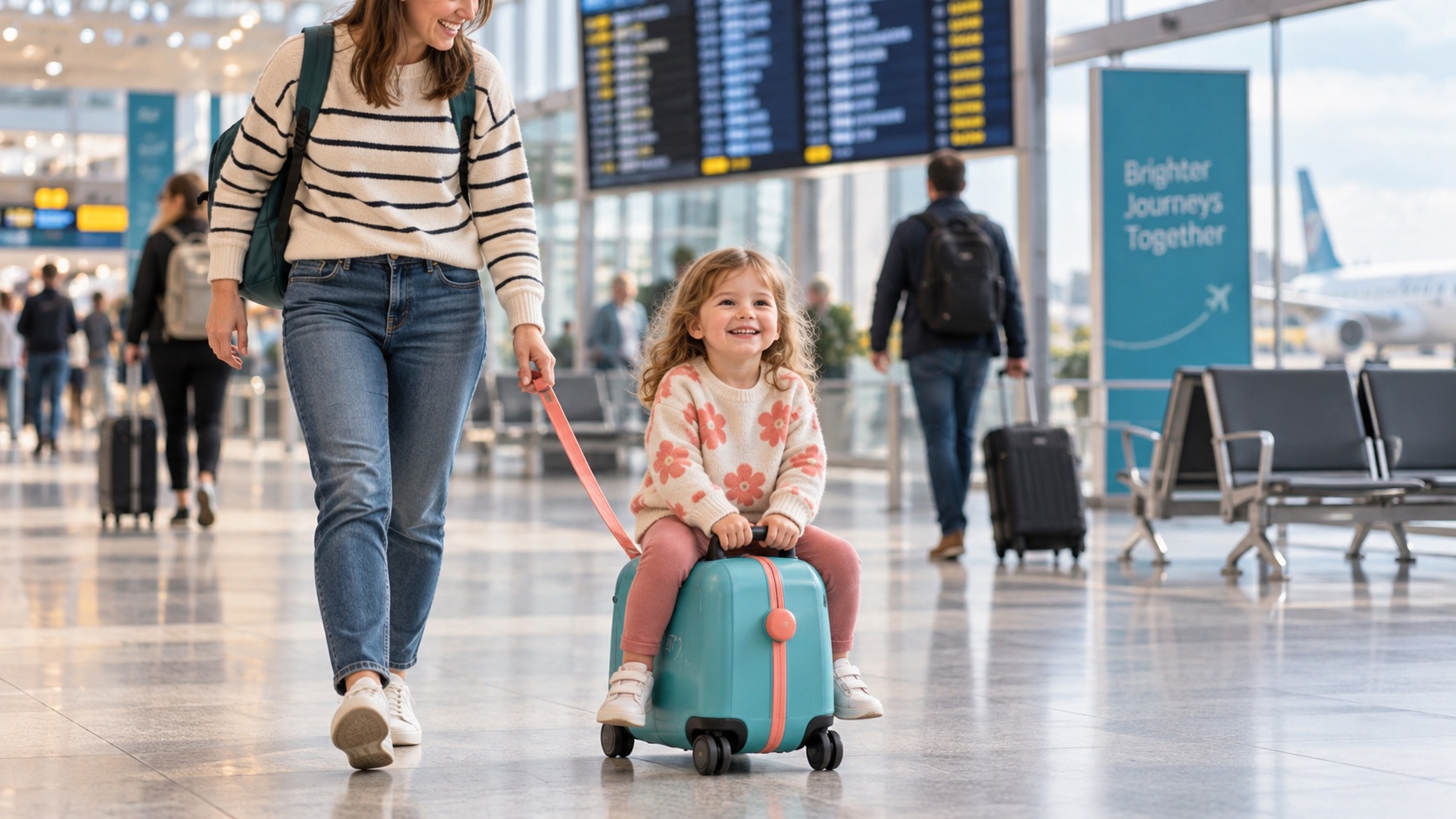 Parent pulling a toddler on a ride-on suitcase through an airport terminal