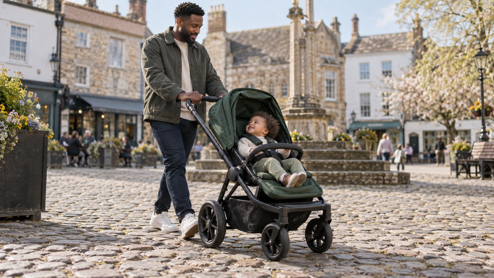 Bugaboo Fox 5 Renew review showing a parent using a full-size pushchair on cobbled UK streets