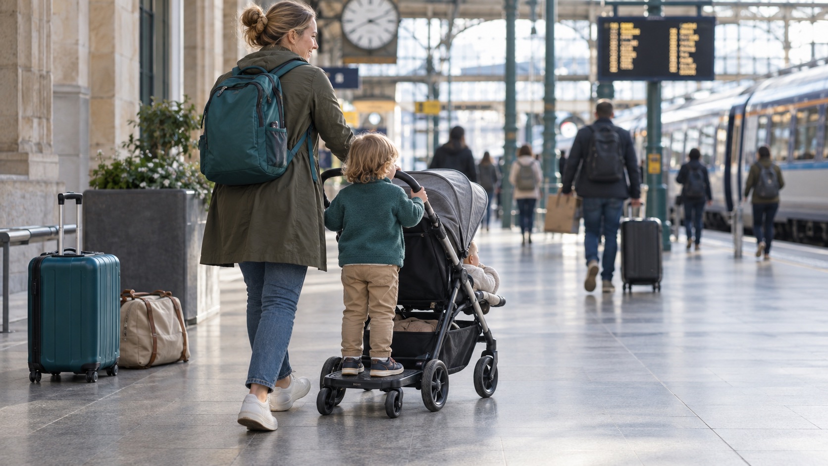 Parent travelling through a UK railway station with a child using a buggy board