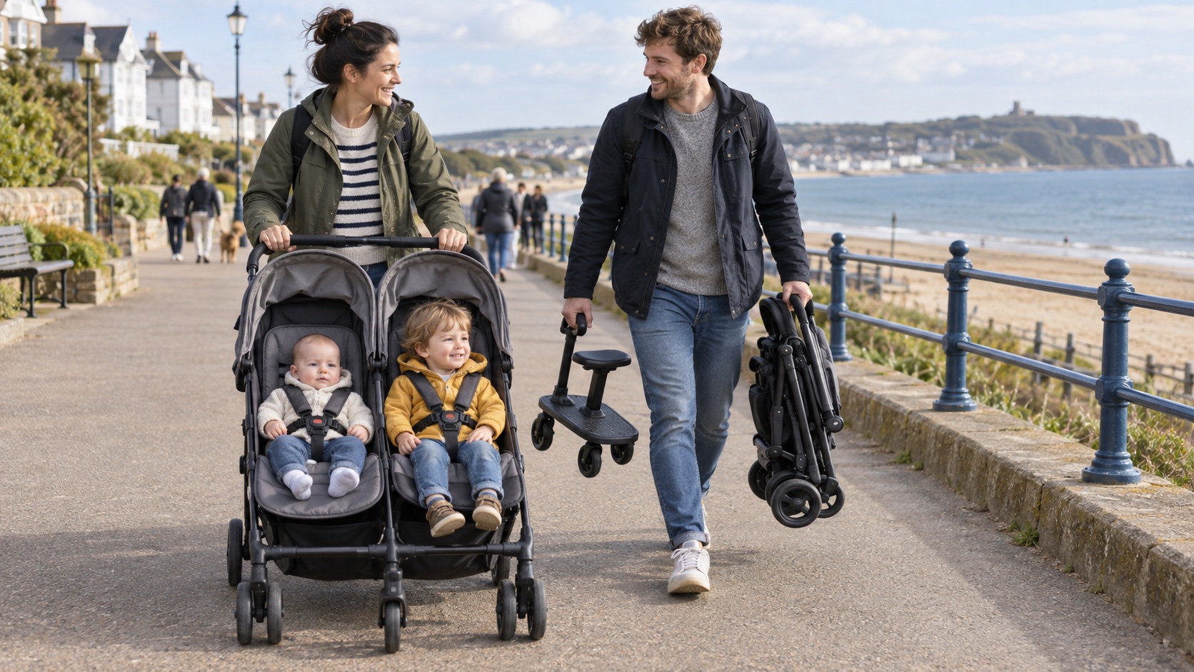 Family comparing a double pushchair with a compact pushchair and buggy board for travel