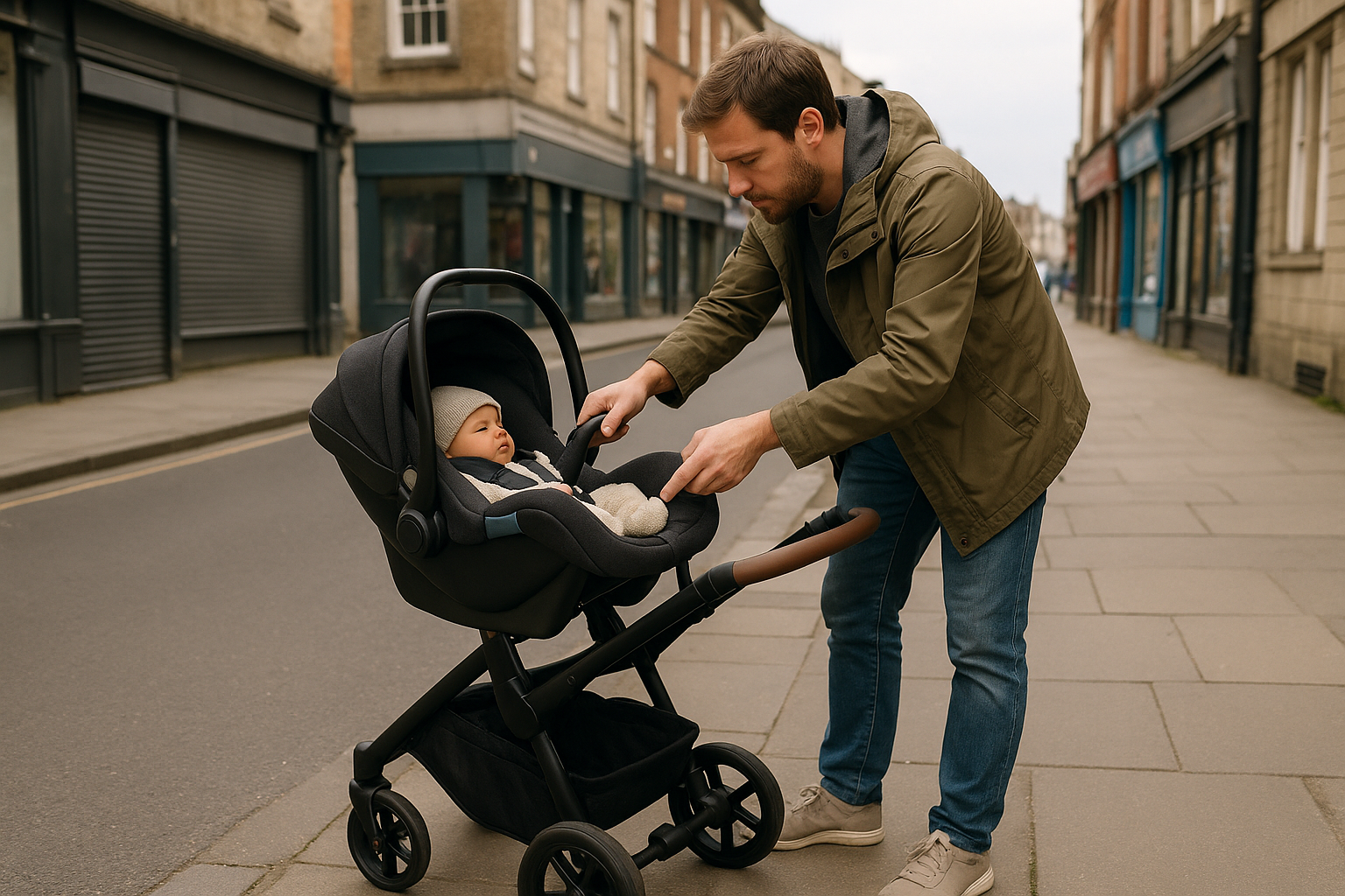 Parent attaching infant car seat to stroller frame on UK pavement