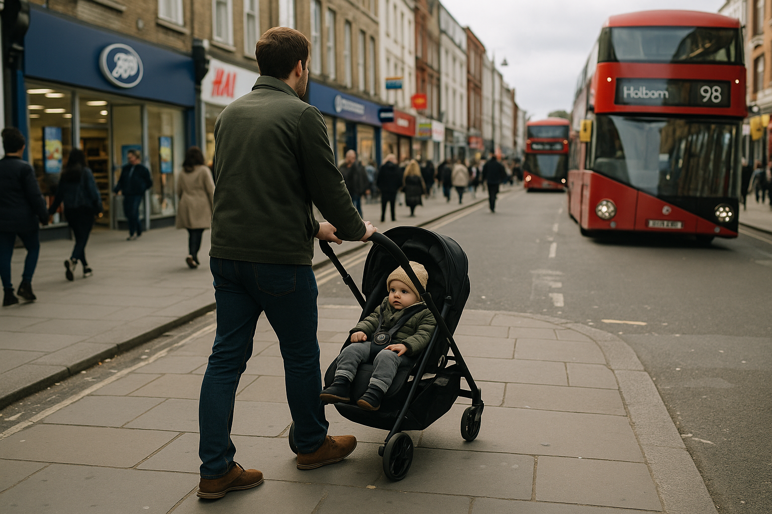 Parent pushing a single compact stroller on a UK high street