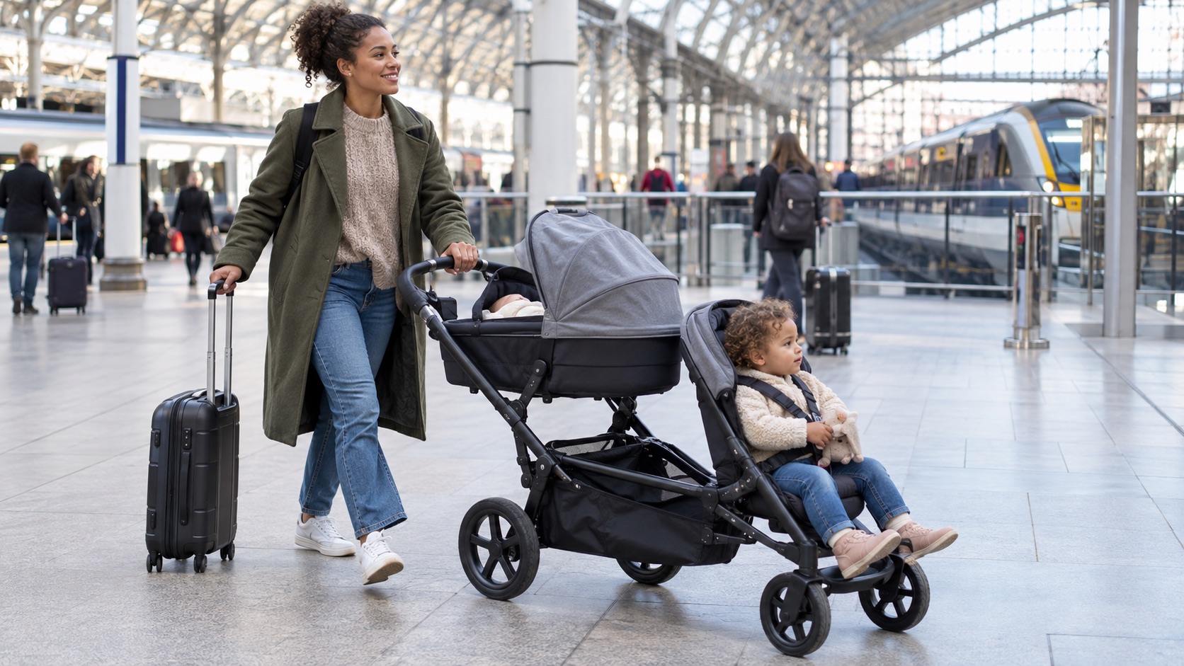 Cybex Gazelle S review showing a parent travelling through a UK station with a tandem pushchair