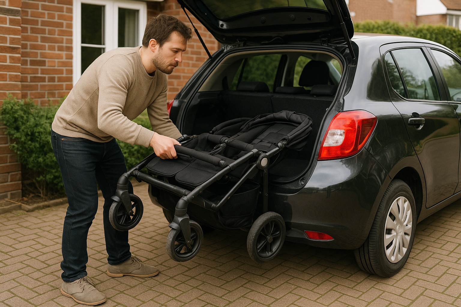 Folded double buggy fitting into a small car boot