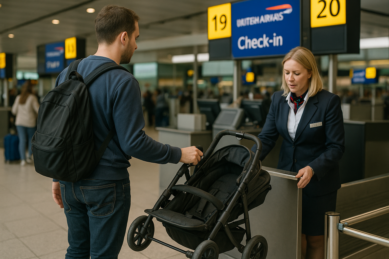 UK mum pushing buggy through airport terminal, baby in stroller, hand luggage on handlebar