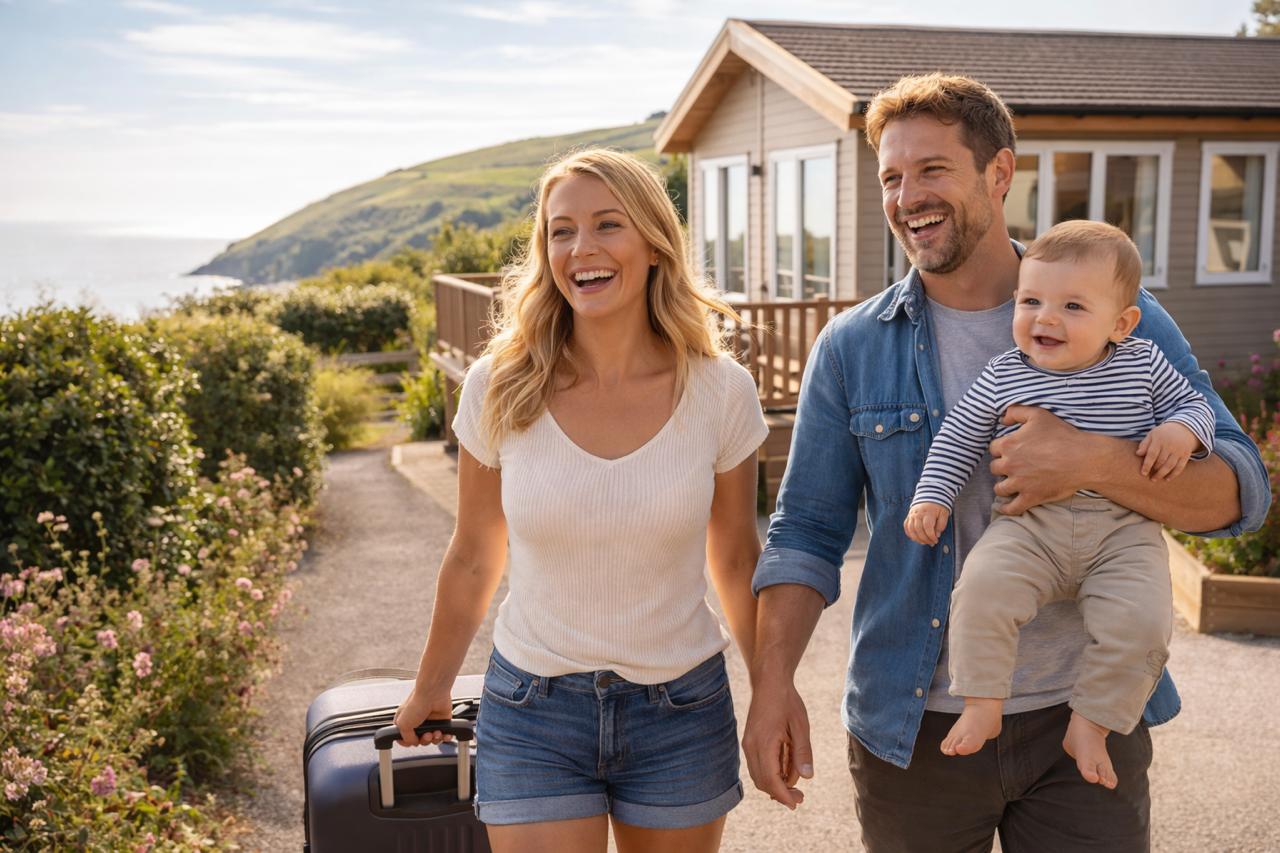 Happy UK family arriving at a British holiday park lodge, summer lighting