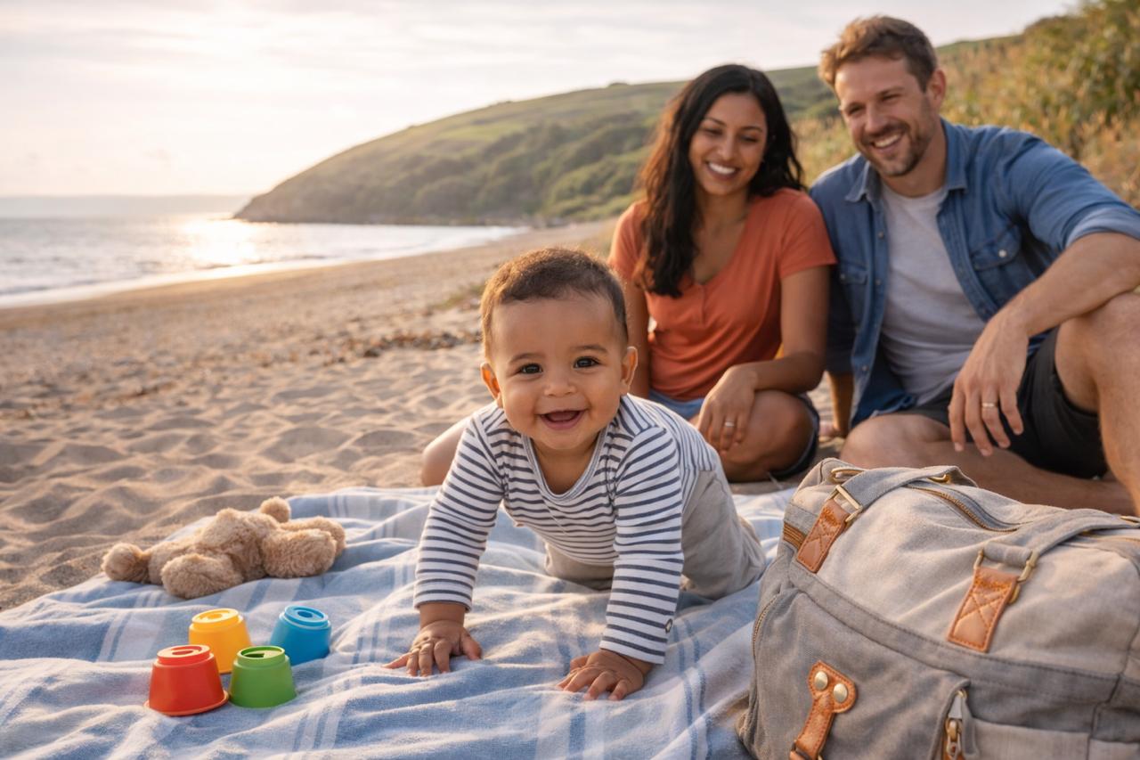 Family enjoying golden hour on a UK beach, baby playing on a blanket