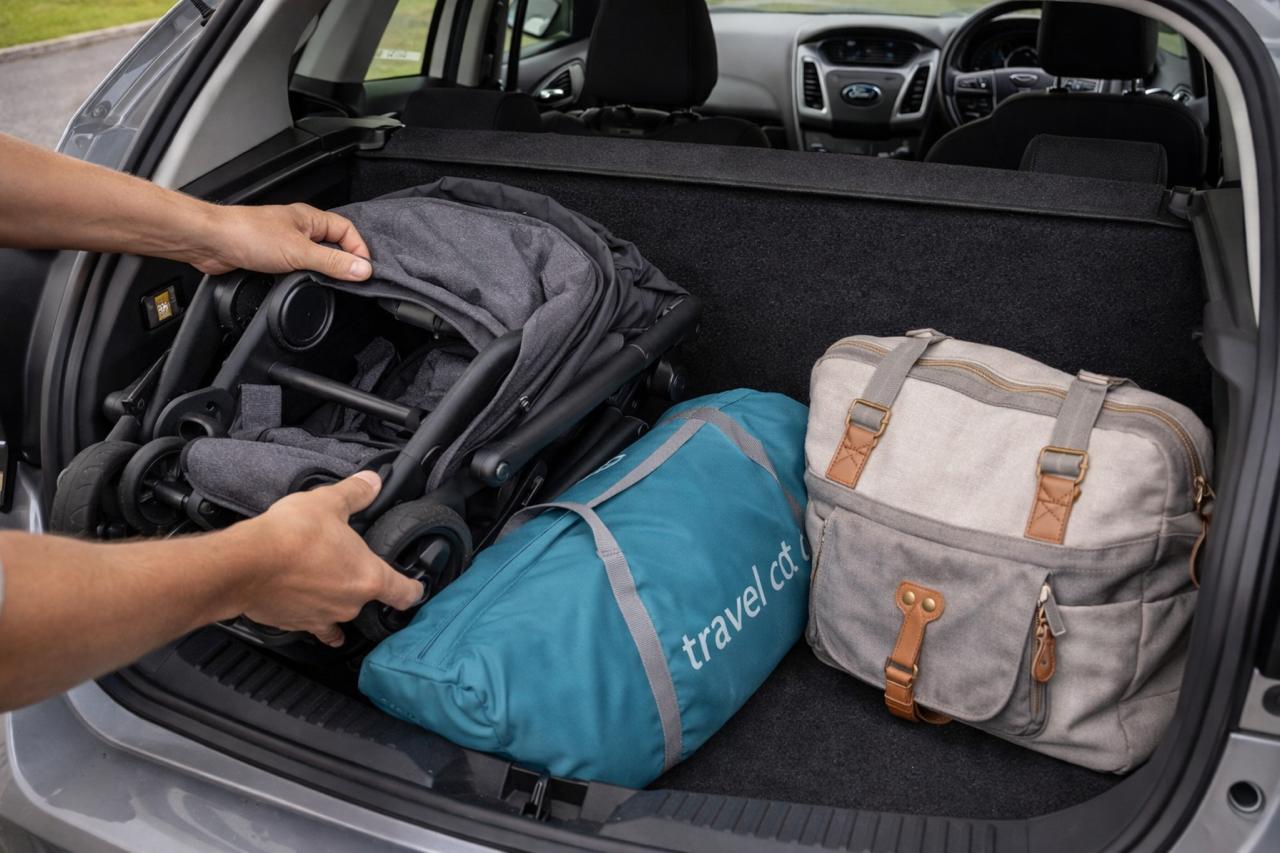 Parent packing baby travel gear into a right-hand drive car boot