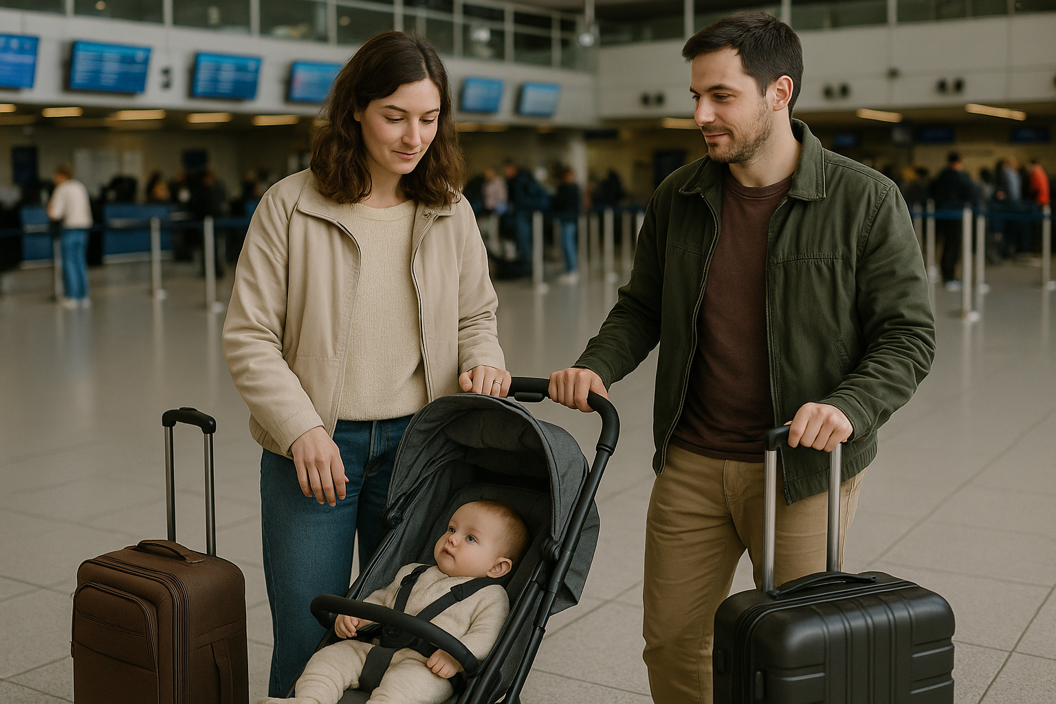 Parents at airport check-in with compact travel system and baby