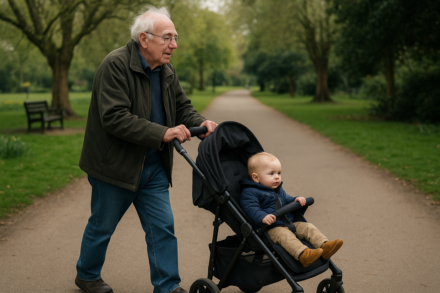 Grandparent using a lightweight pushchair during an outdoor walk