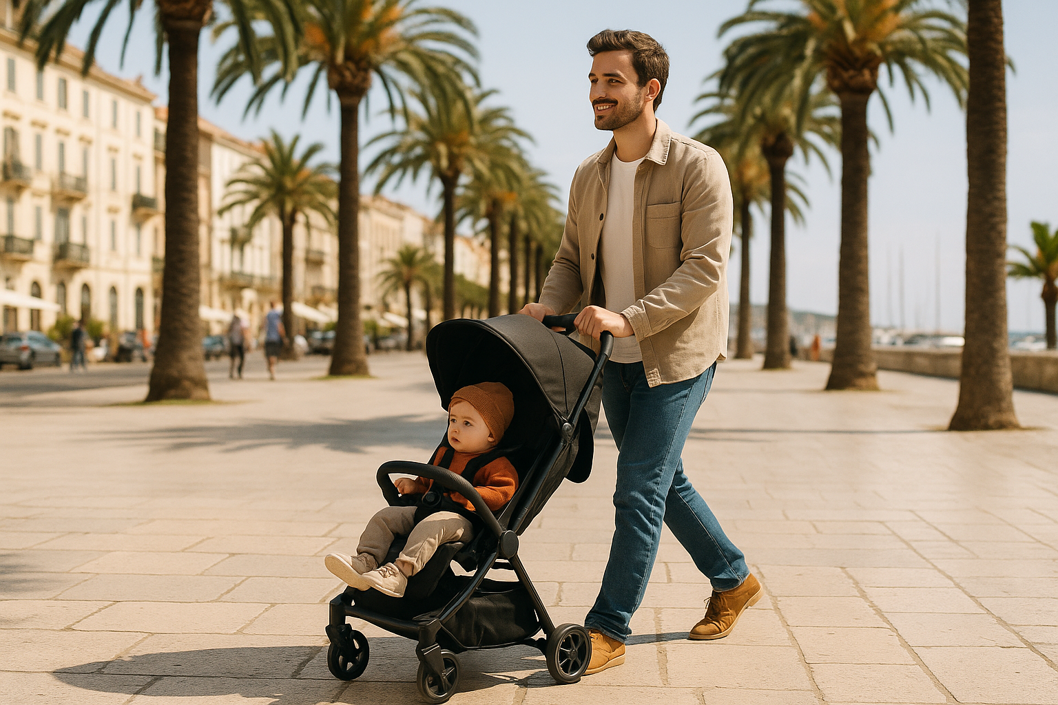 Parent pushing compact stroller on a sunny holiday promenade