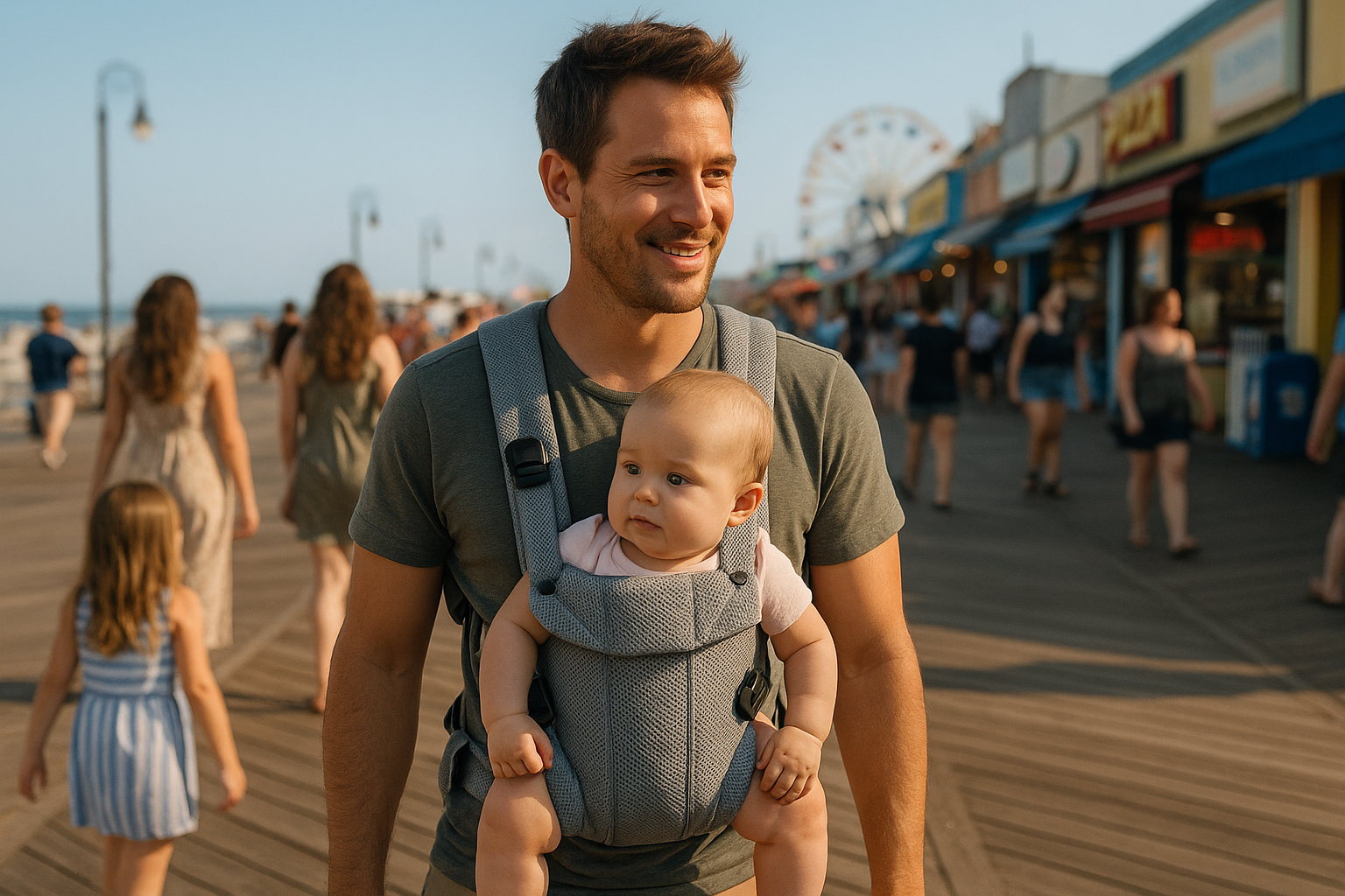 Parent wearing breathable baby carrier on warm holiday walk