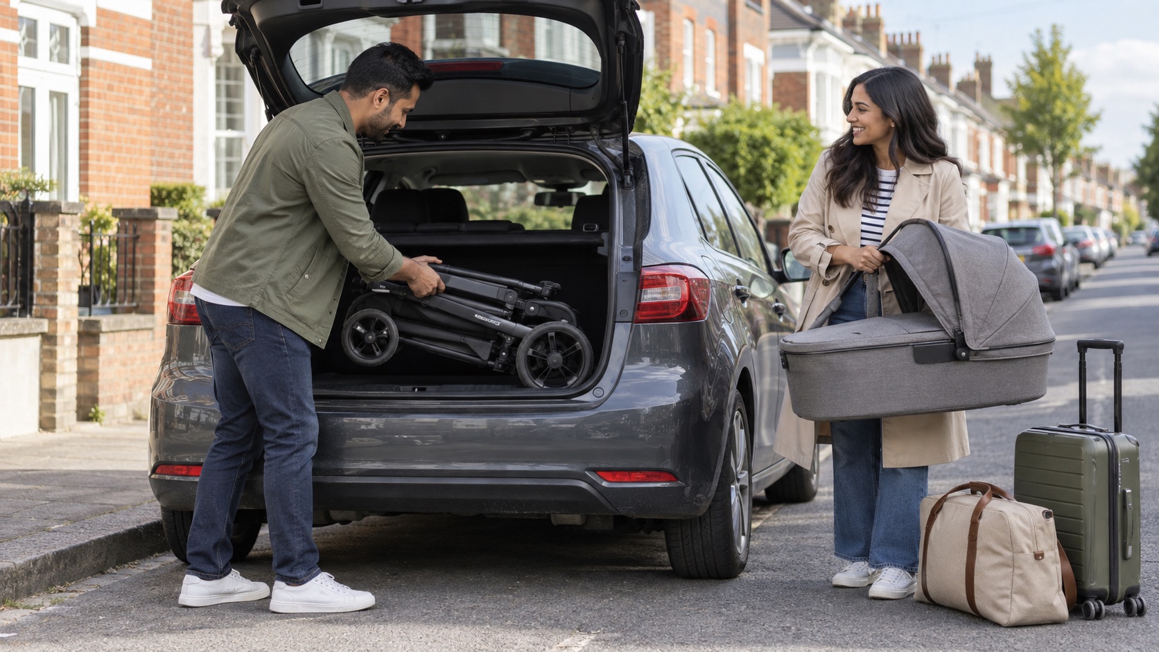 iCandy Peach 8 review showing parents loading a full-size travel system and carrycot into a family car
