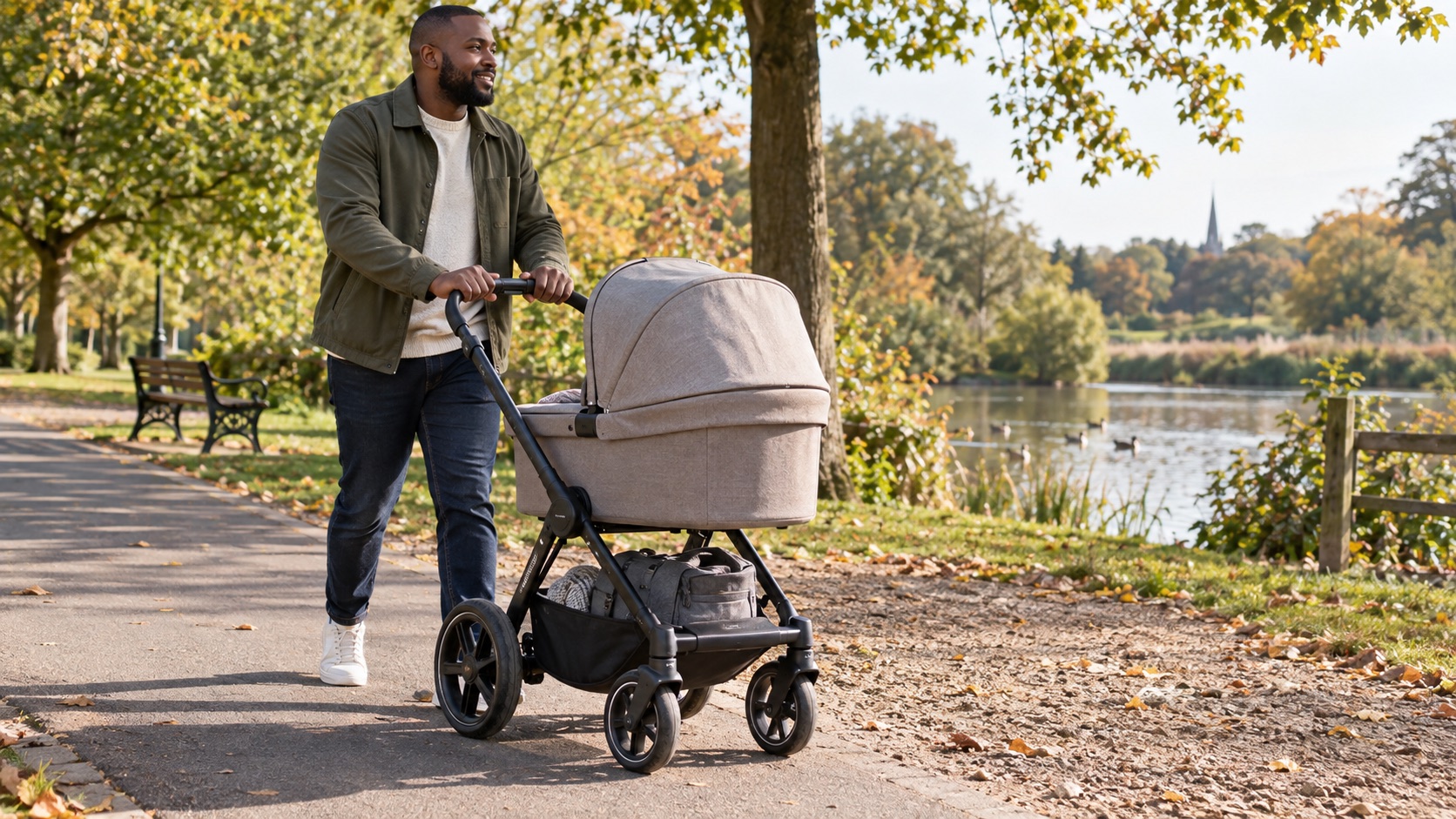 Ickle Bubba Stomp Luxe review showing a parent pushing a full-size carrycot pram through a British park