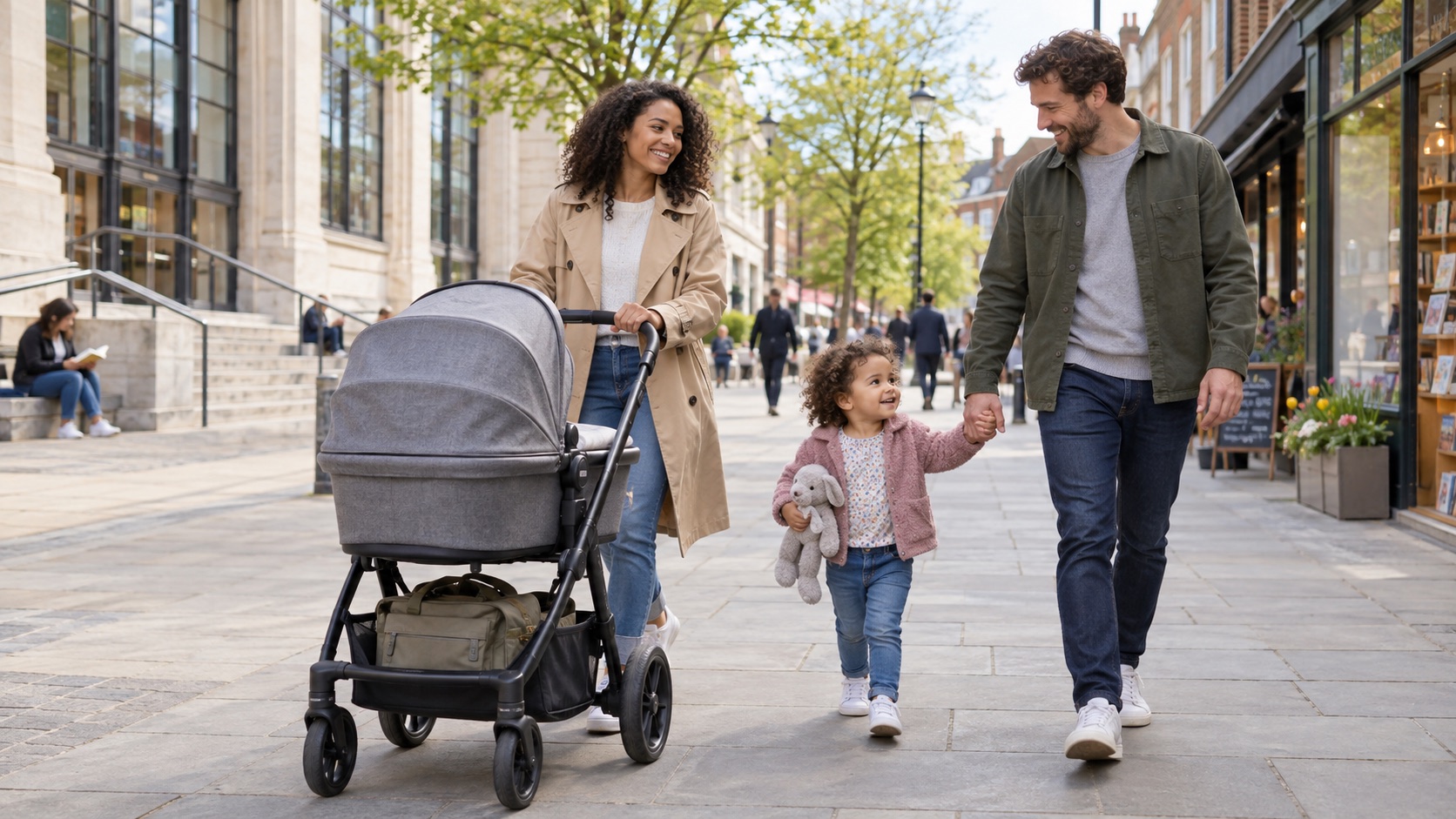 Kinderkraft MOOV 2 review showing a family using a practical 3-in-1 pram on a British high street