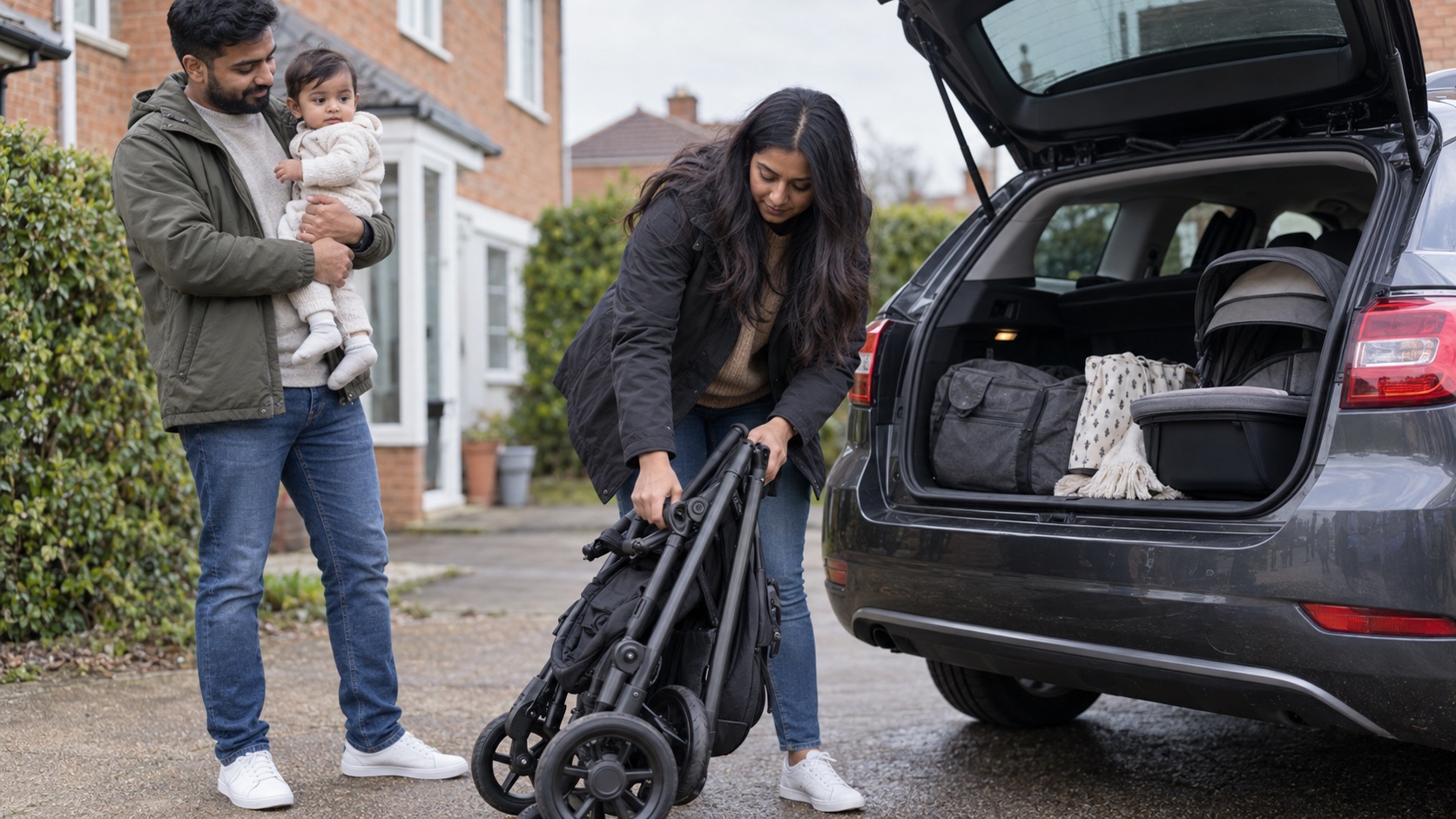 Maxi-Cosi Zelia S Trio review showing a UK family loading a full-size travel system into a car