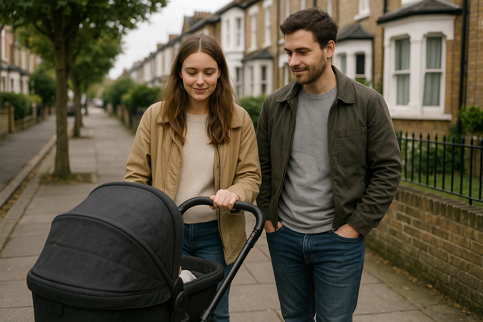 New parents walking with a travel system pram and infant car seat