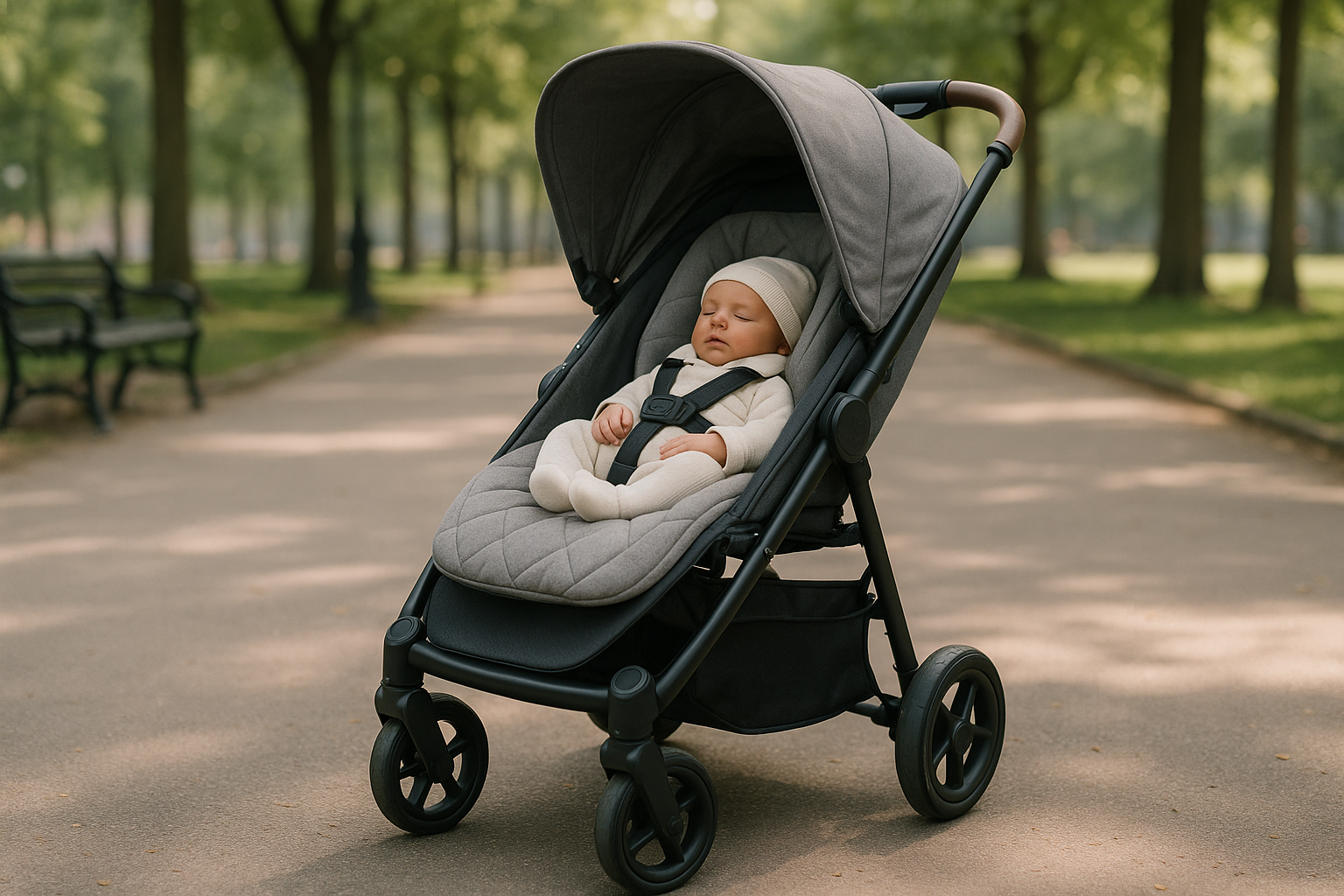 Lightweight stroller with newborn setup in a calm park setting