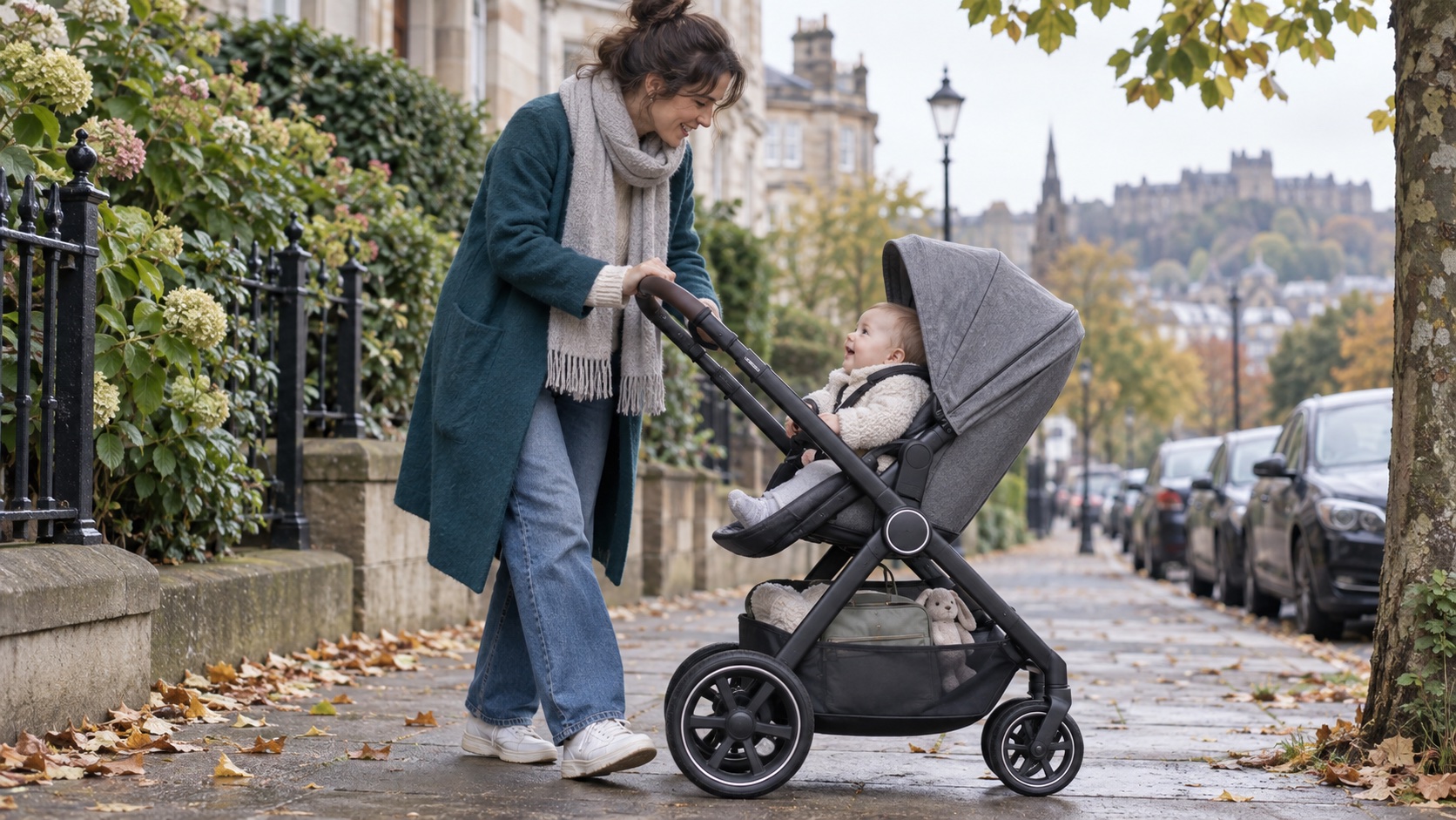 Parent using a parent-facing travel pushchair on a UK city pavement