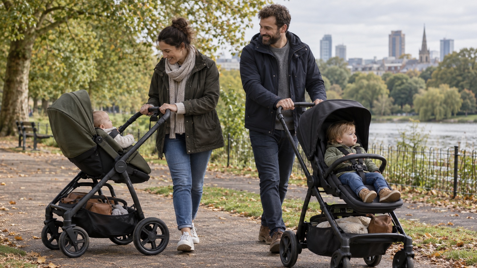 Parent-facing and world-facing pushchairs being used side by side in a UK park