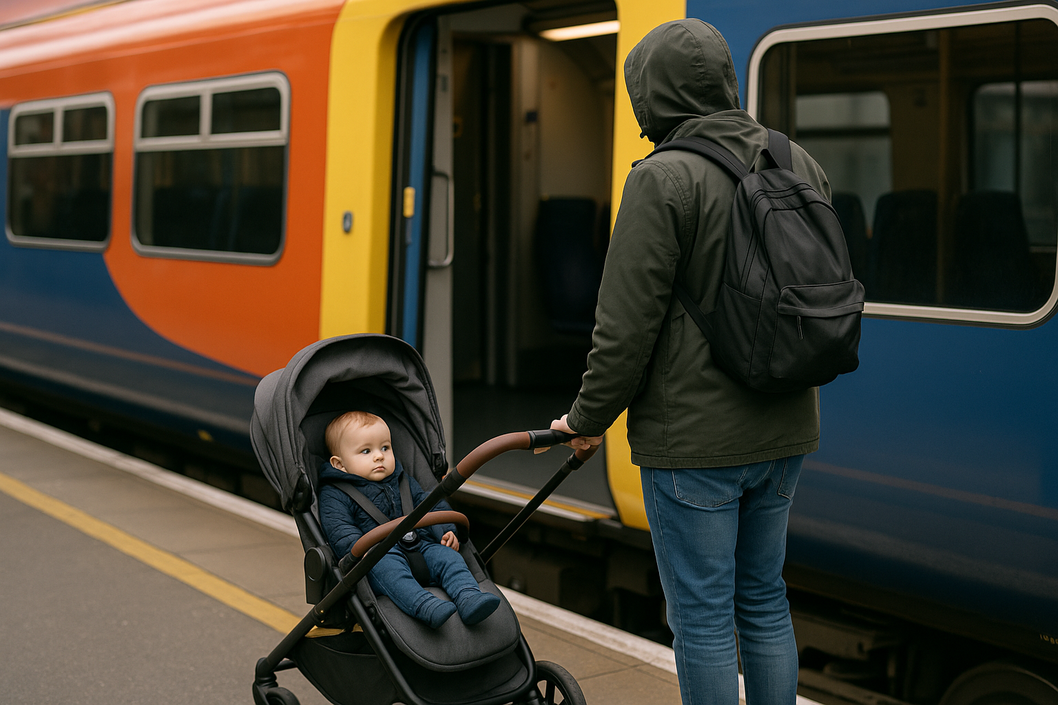 Parent boarding a UK train platform with a compact pushchair