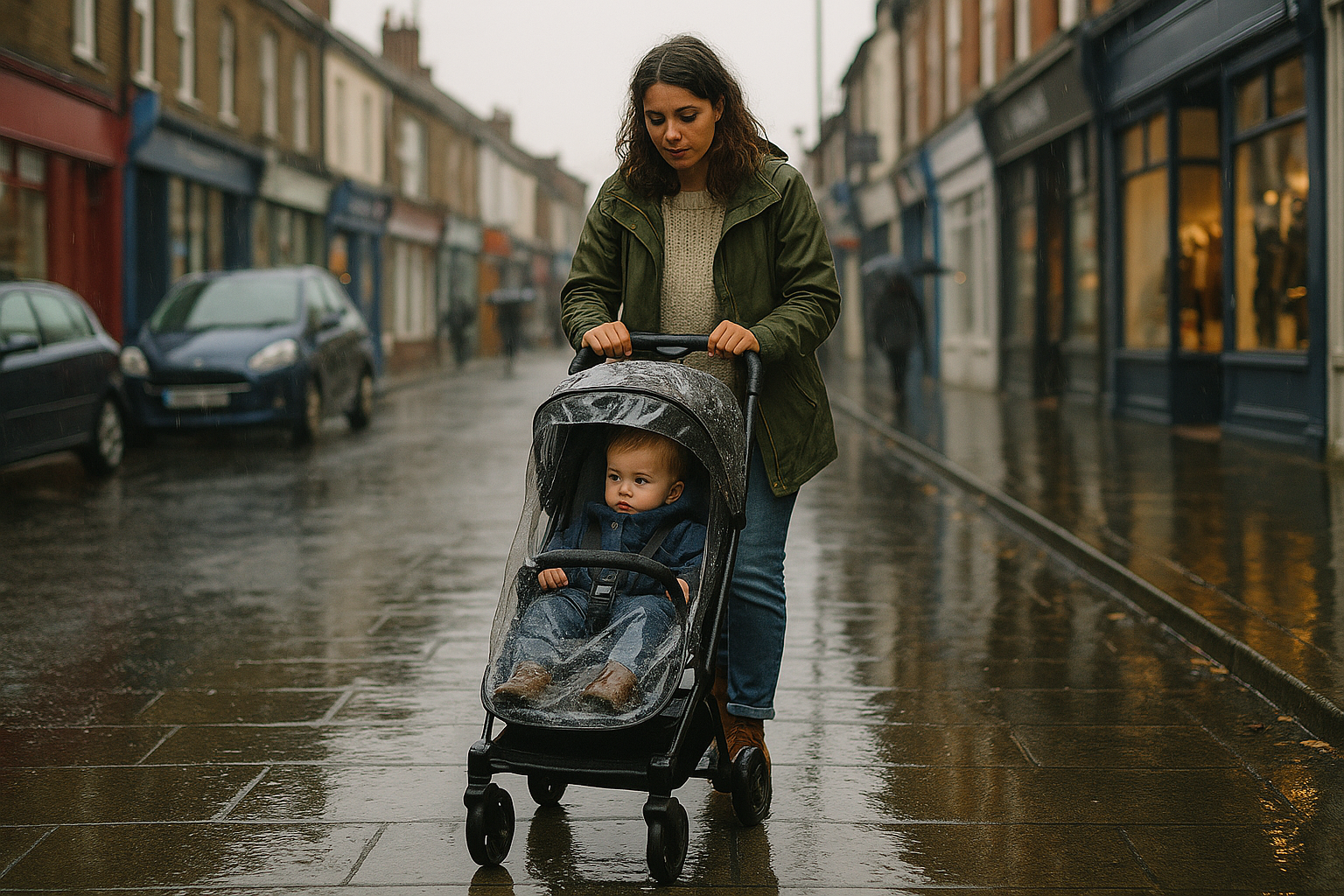 Compact stroller on a wet UK pavement under light rain