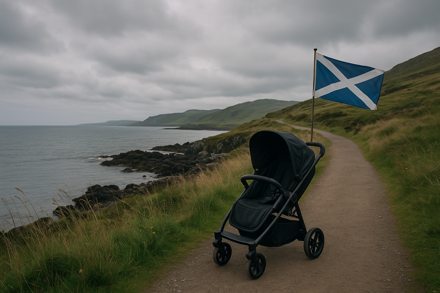 Parent using stroller on a scenic Scottish path with mixed terrain