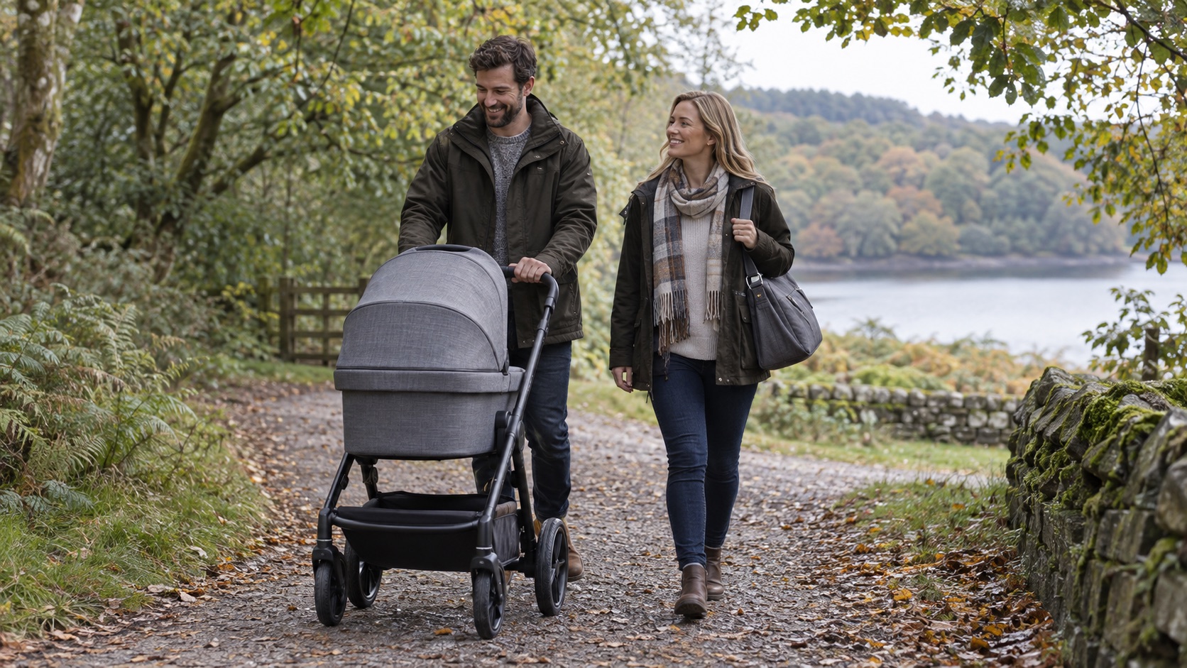 Silver Cross Reef 2 review showing a family using a full-size travel system on a UK woodland path