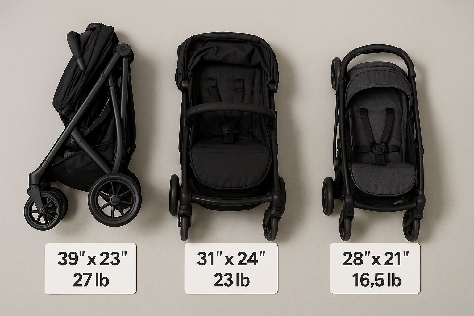 Folded strollers arranged side by side for weight and size comparison