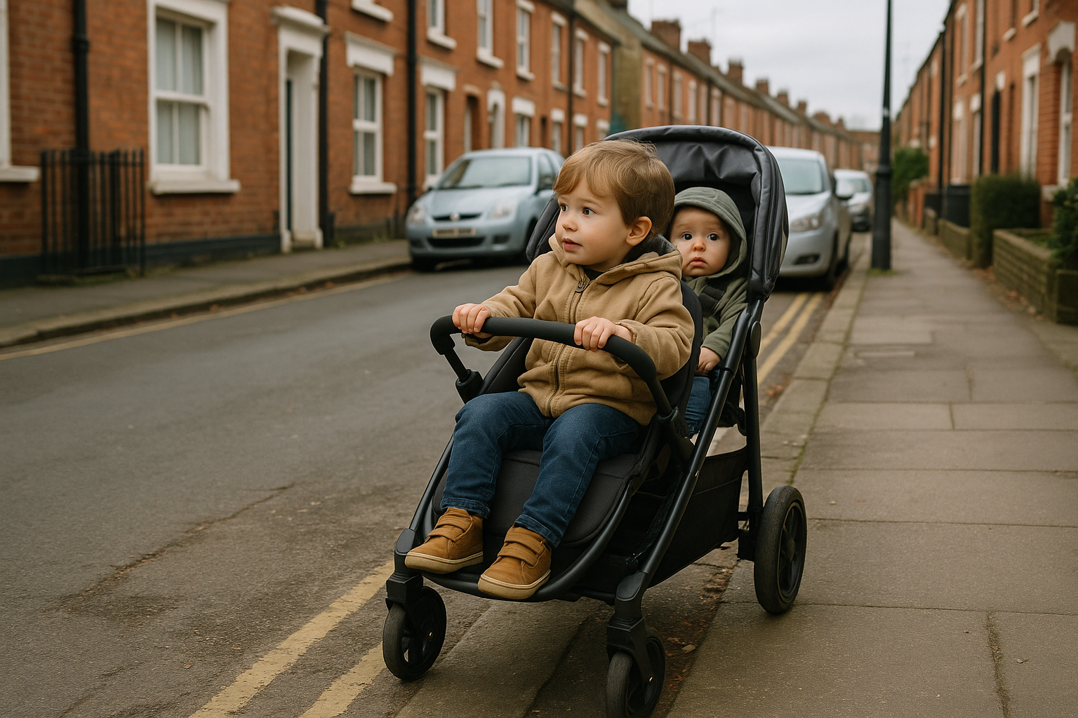 Tandem stroller on UK pavement with two child seats
