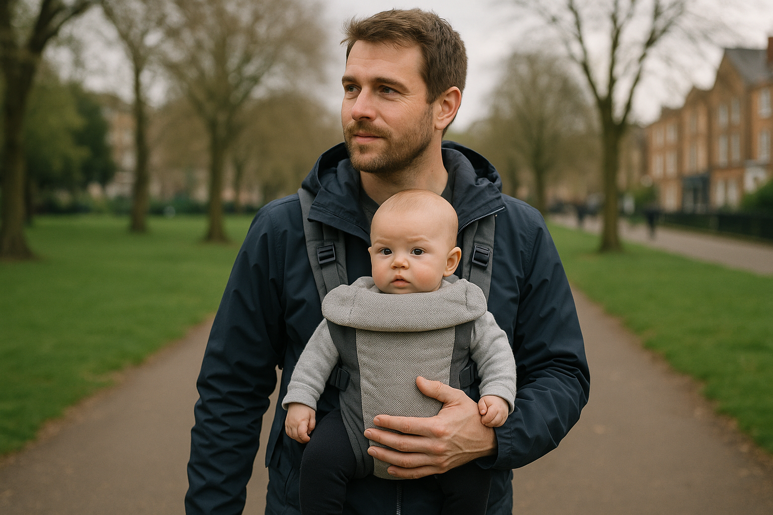 Dad wearing baby in travel carrier during city walk