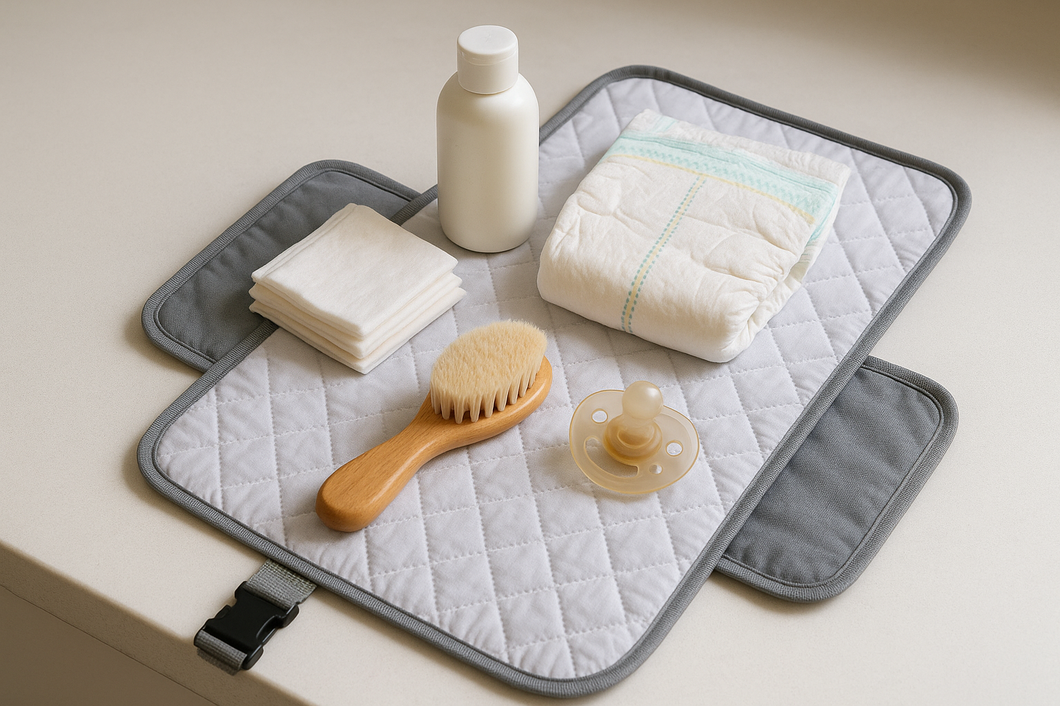 Folded travel changing mat with nappies and baby wipes laid out ready for use