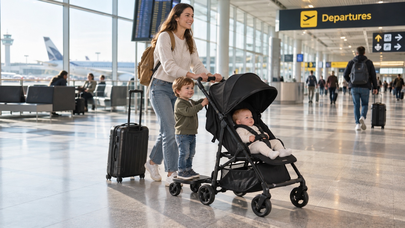 Compact travel stroller compatible with a buggy board at a UK airport