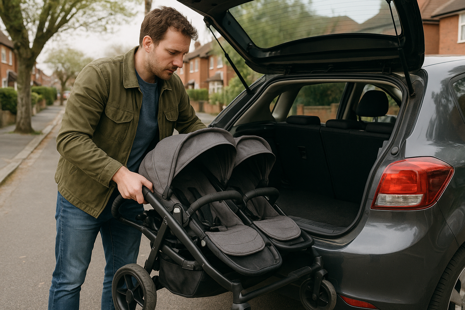 Parent loading a compact double pushchair into a family car boot