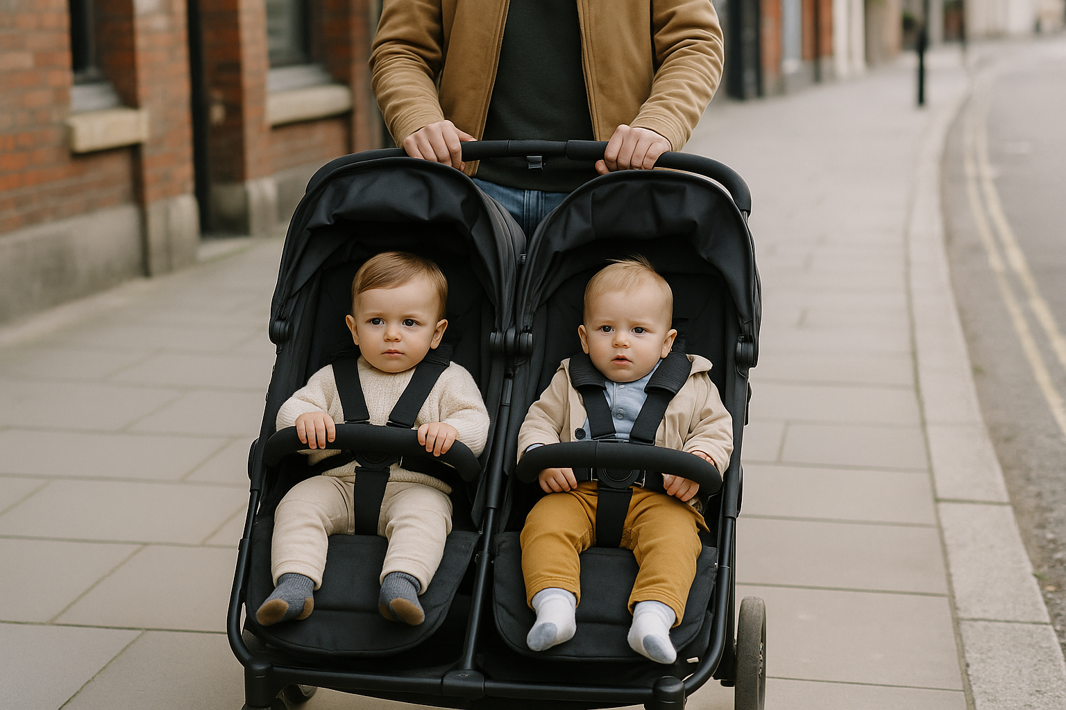 Parent pushing a twin stroller on a UK city pavement