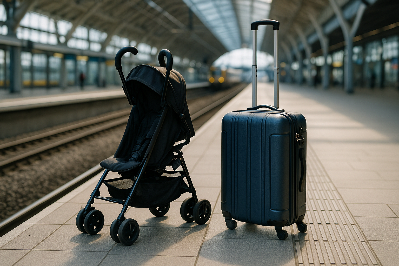 Umbrella stroller beside travel luggage at a UK train platform