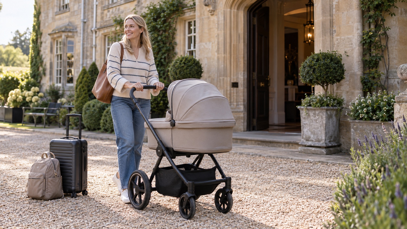 Venicci Upline 2 review showing a parent arriving at a UK hotel with a full-size carrycot travel system