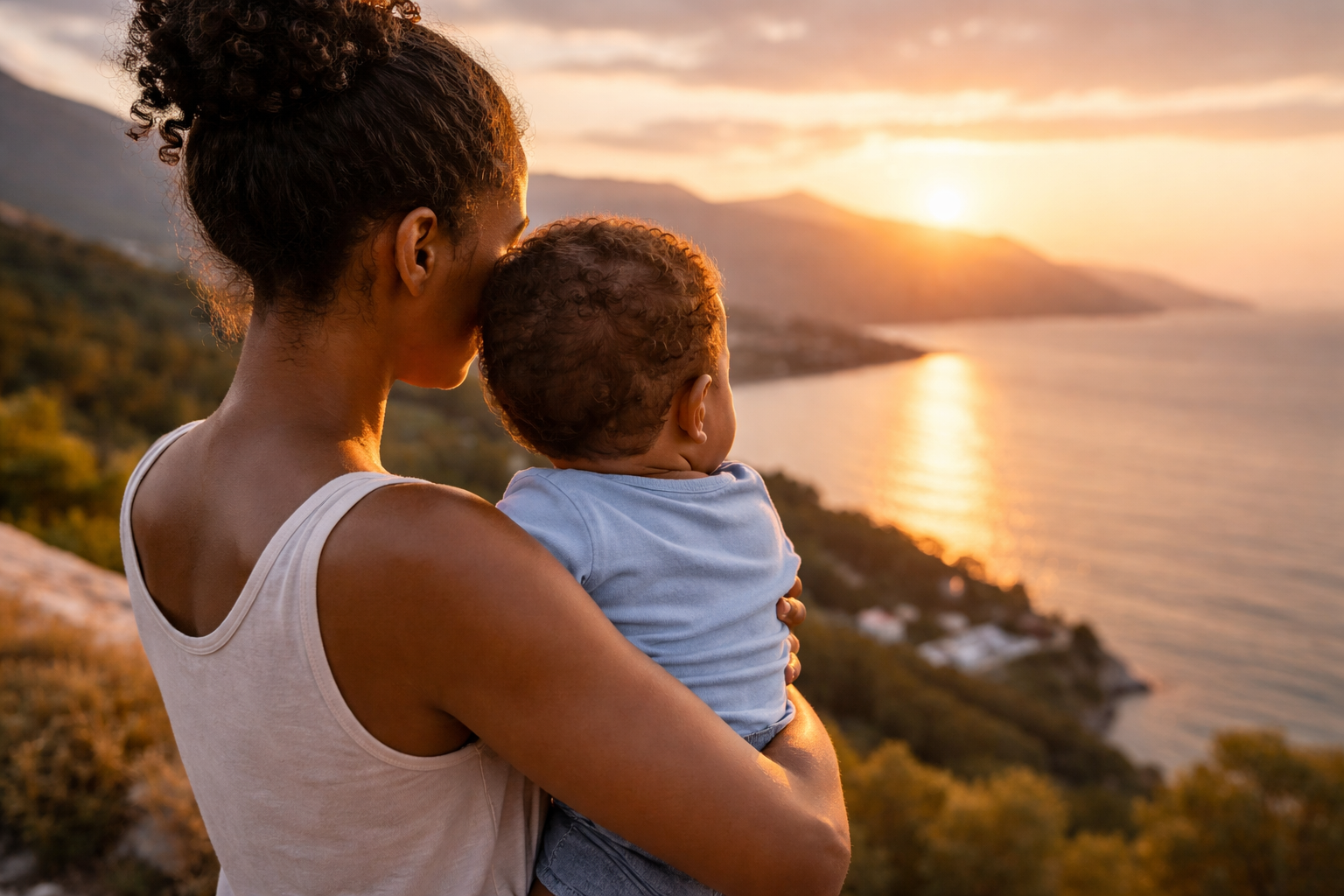 A baby looking out at the sea from a parent's arms, shot from behind — the quiet, beautiful moment that makes it all worthwhile