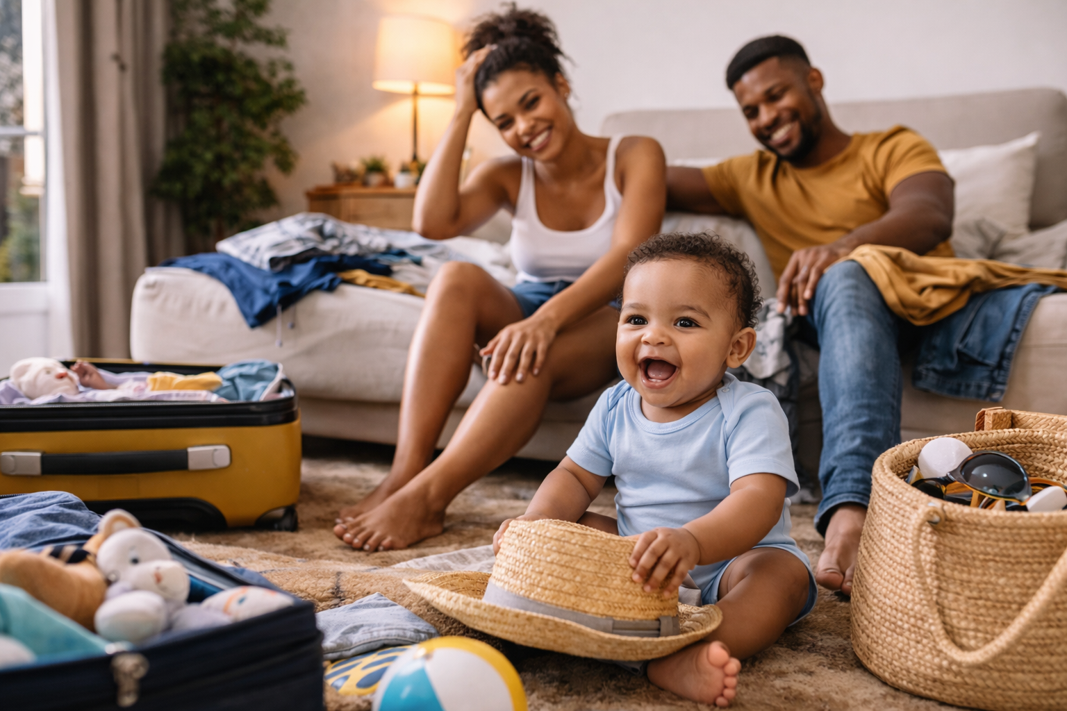 A slightly chaotic family holiday scene — luggage everywhere, baby mid-laugh, parent looking half-exhausted half-delighted