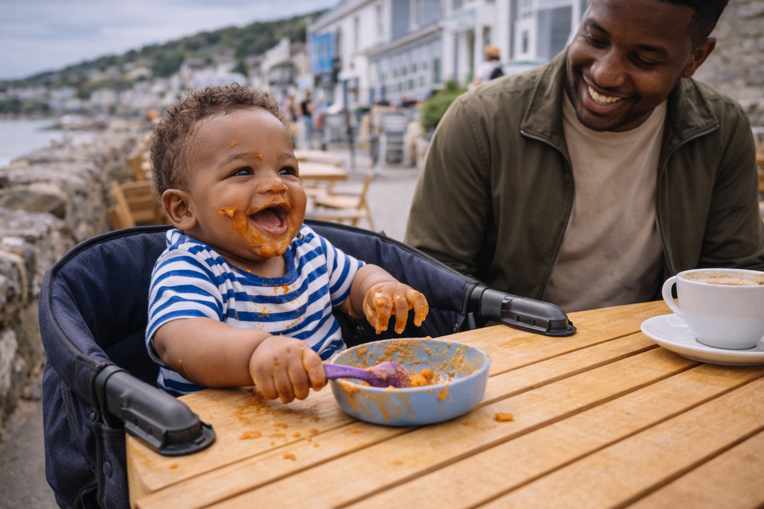 An 18-month-old toddler sitting in a portable highchair at an outdoor café table, eating messily, parent smiling nearby in a British seaside setting