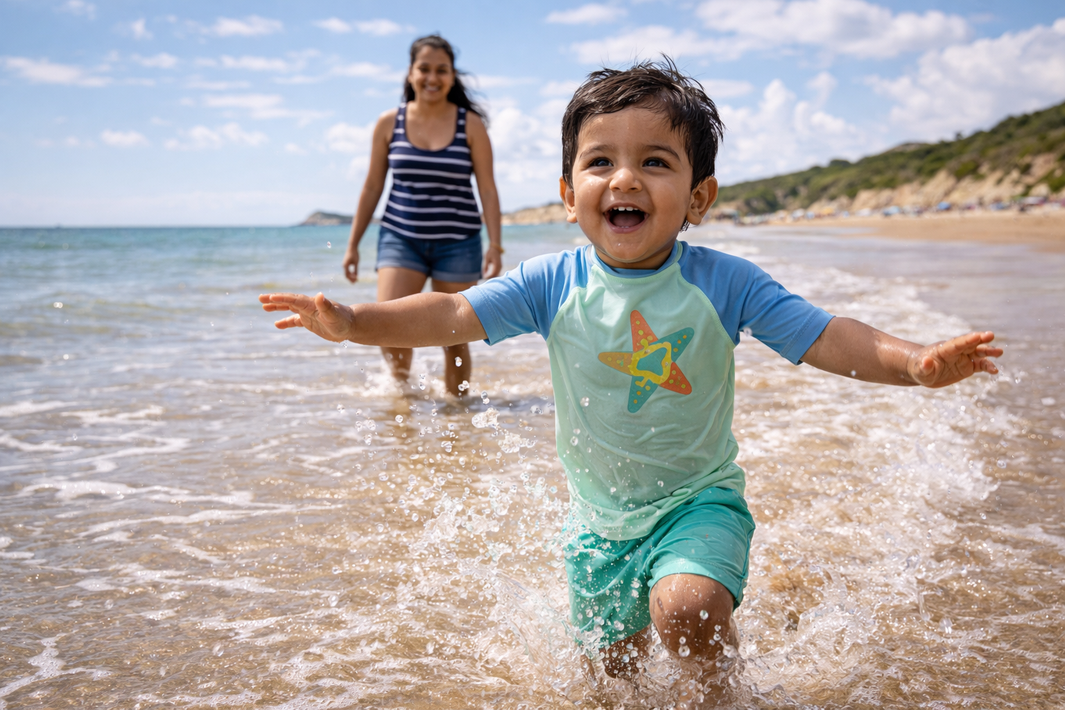 A 2-year-old running with arms outstretched through shallow sea on a sunny beach, pure joy on their face, parent visible behind them