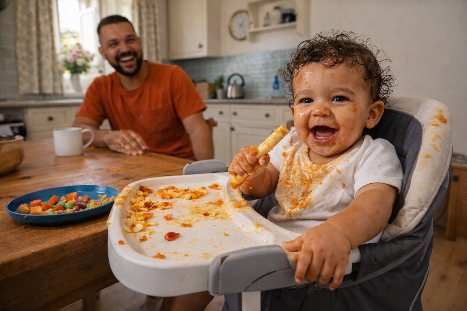 A baby sitting in a portable highchair at a holiday cottage kitchen table, covered in food and holding a breadstick, parent laughing in the background